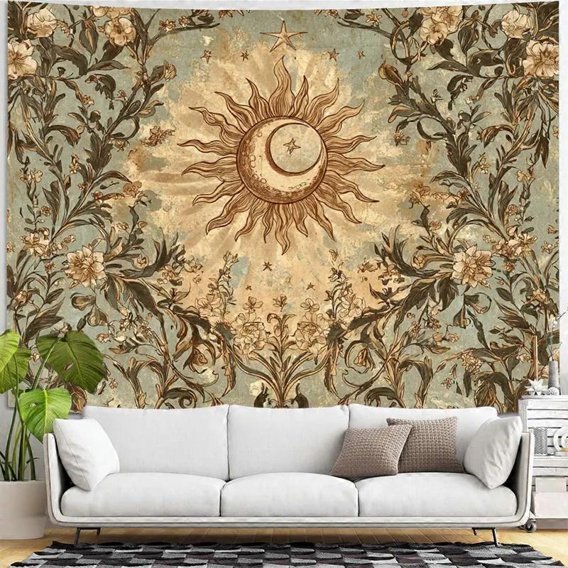 Tenture murale vintage de style bohème, avec motifs floraux de soleil et de lune, pour une ambiance mystique et sorcière. Décoration rétro, idéale pour une chambre d'étudiant, une chambre à coucher ou un salon.