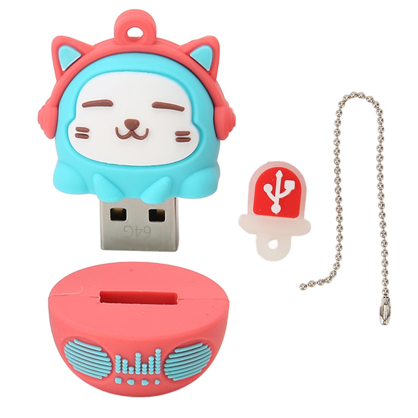 Cartoon Cat Flash Drive 64GB USB2.0 Plug and Play Shockproof U Disk Blue Red Design