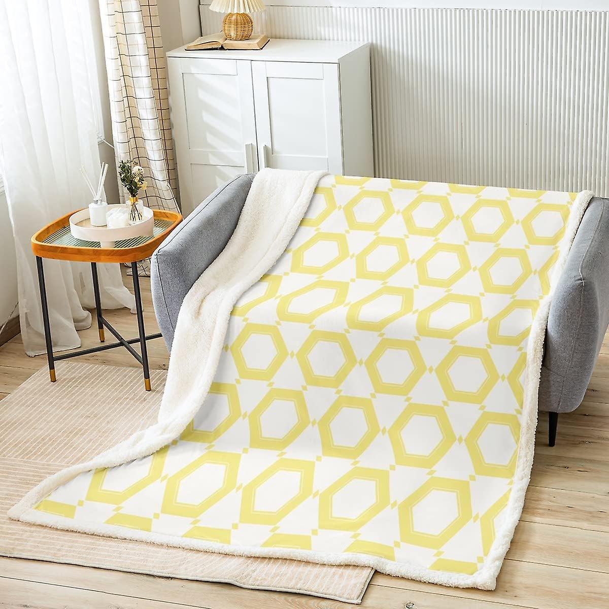 Honeycomb Sherpa Blanket for Bed Sofa Yellow Hexagonal Plush
