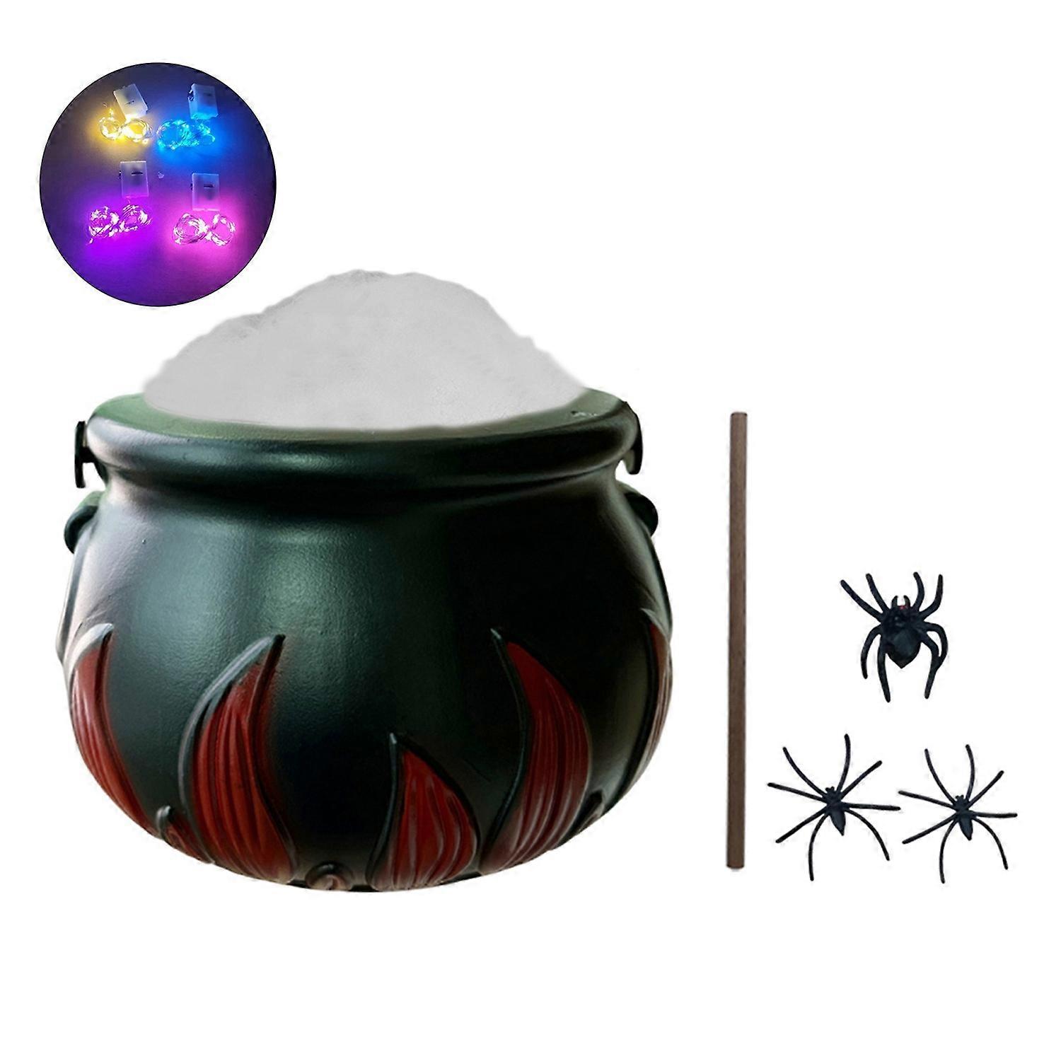 Halloween Witch Cauldron Set DIY Plastic Black Pot with Artificial Spiders Light Up Bubble Witch