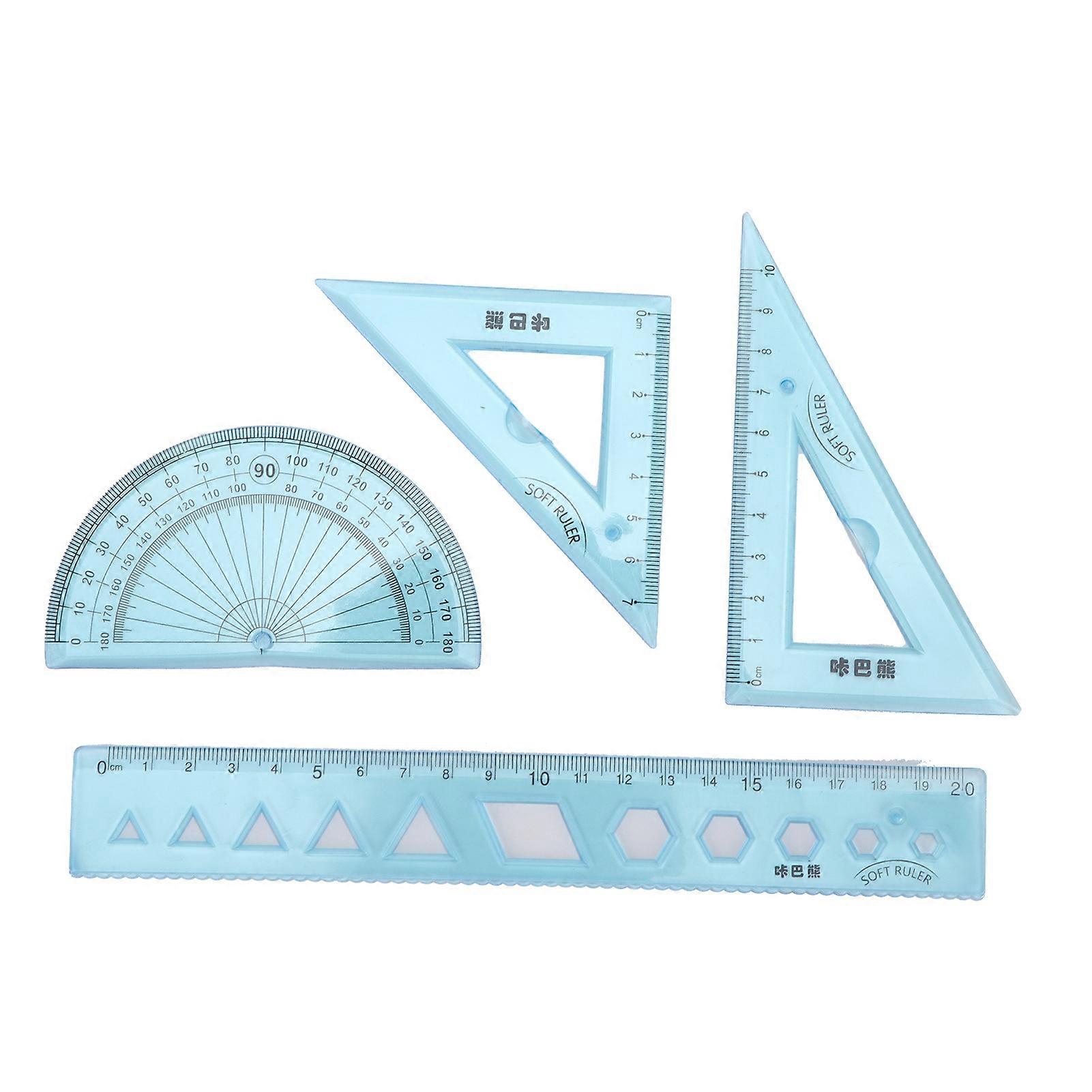 Ruler Kit FourPiece Soft Plastic Transparent Blue Angle Length Measuring Tools with Wavy Line for Kids Students