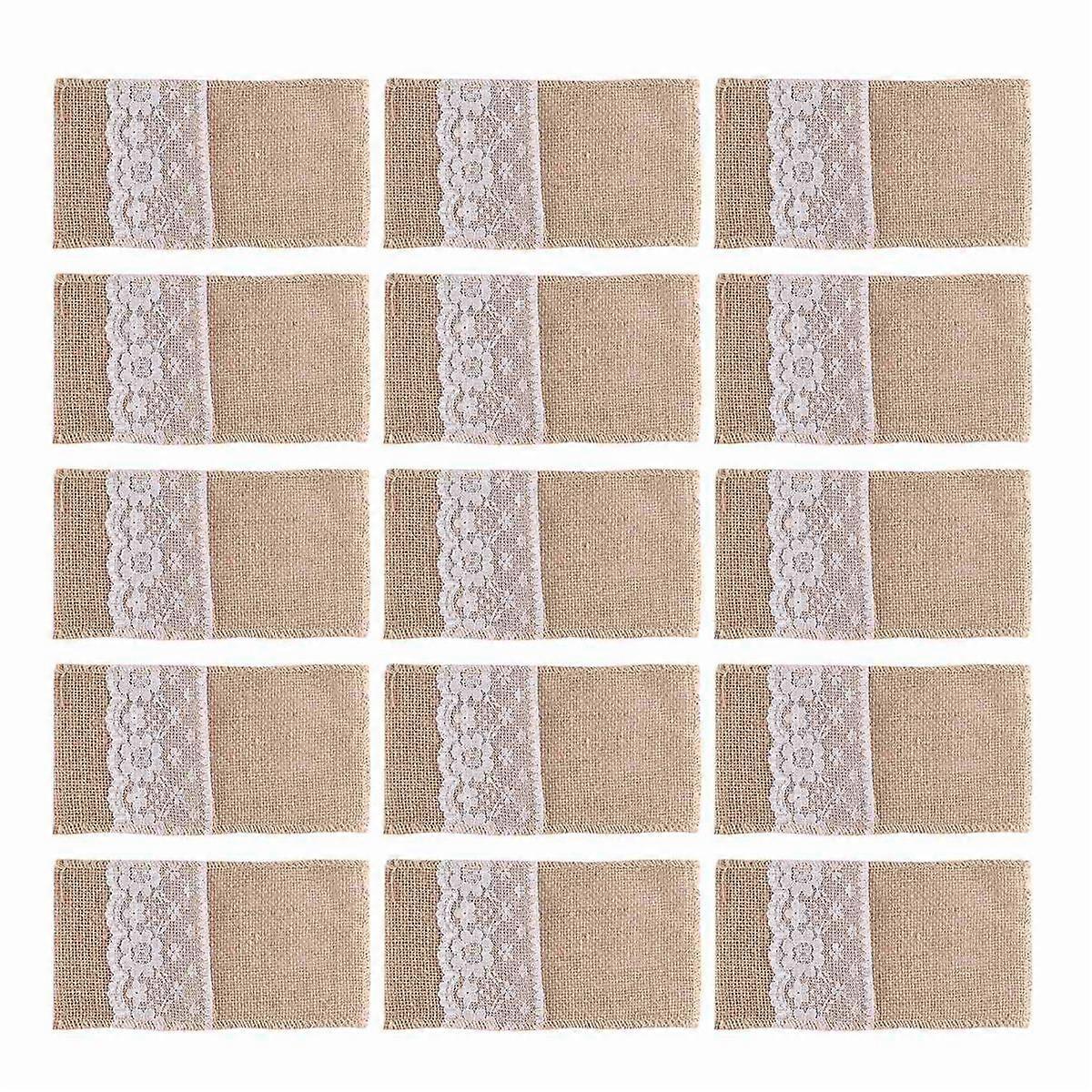 100Pc Burlap Lace Cutlery Pouch Rustic Wedding Tableware Knife Fork Holder Bag Hessian Table Decora