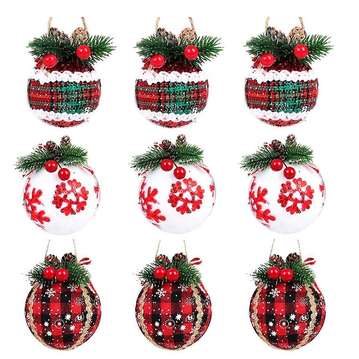 9PCS Christmas Ball Ornaments 3.15Inch Christmas Check Fabric Wrapped Balls Pendants for Christmas