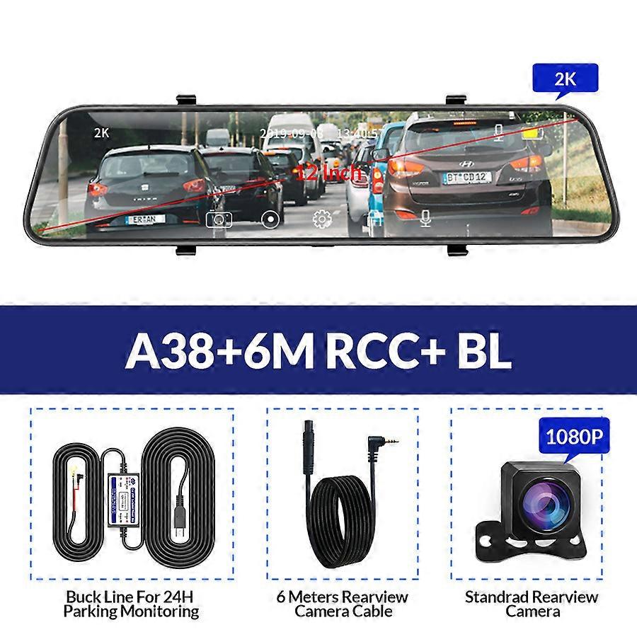 E-ACE 12 pollici auto DVR specchio 1440P videoregistratore flusso multimediale dashcam supporto GPS monitoraggio parcheggio 1080P telecamera posteriore