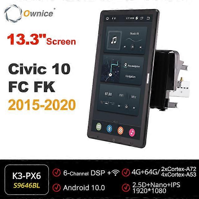 Tesla style PX6 13.3" Android 10 Car DVD Player 1920*1080 Rotatable IPS Navigation GPS For Honda Civic 10 FC FK 2015 -2020 Radio