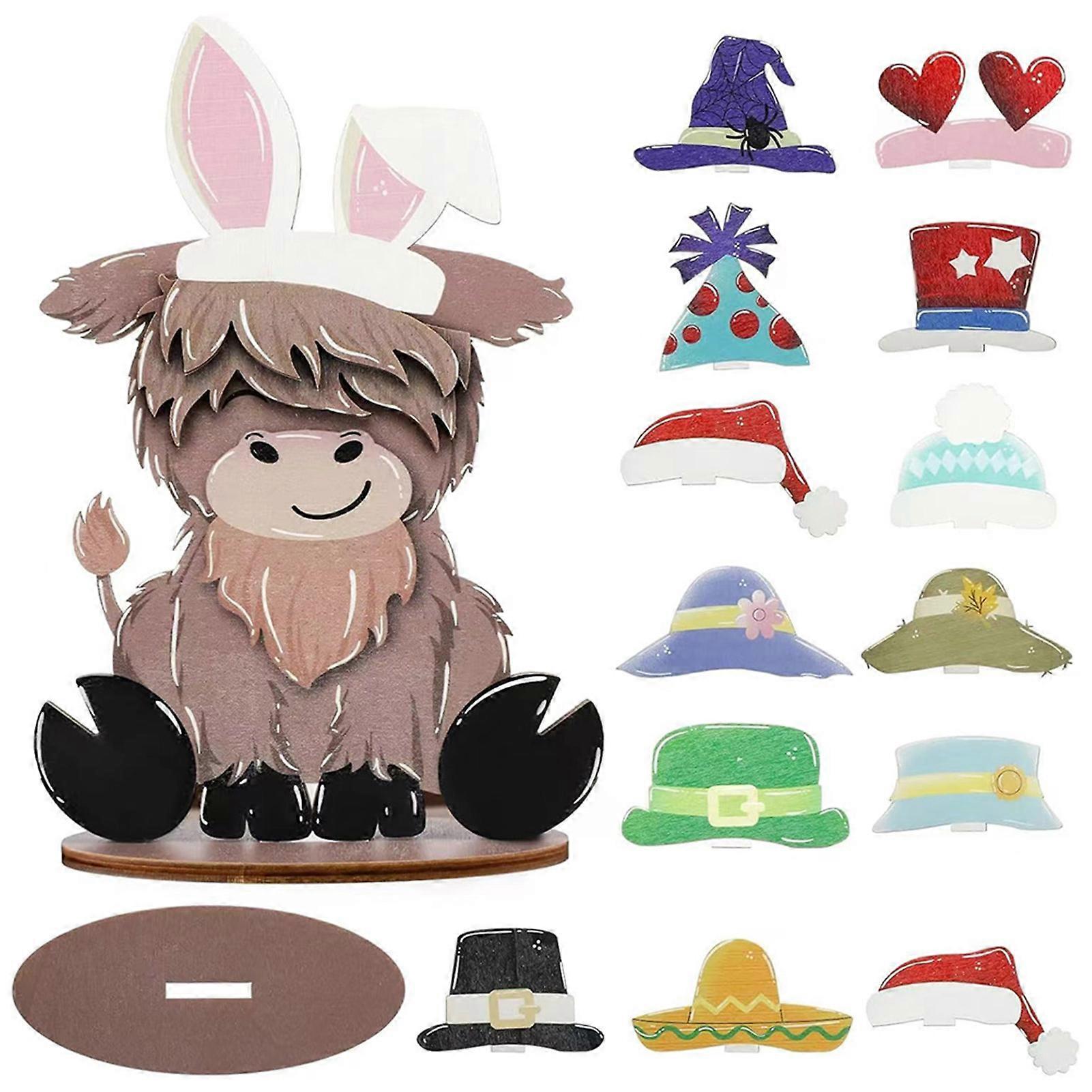 Highland-Cow Sign with Interchangeable Hats Rustic Table Ornament Set Seasonal Party Tiered Tray Decor