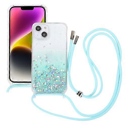 For iPhone 15 Gradient Glitter Epoxy TPU Thickened Acrylic Phone Case with Round Neck Lanyard
