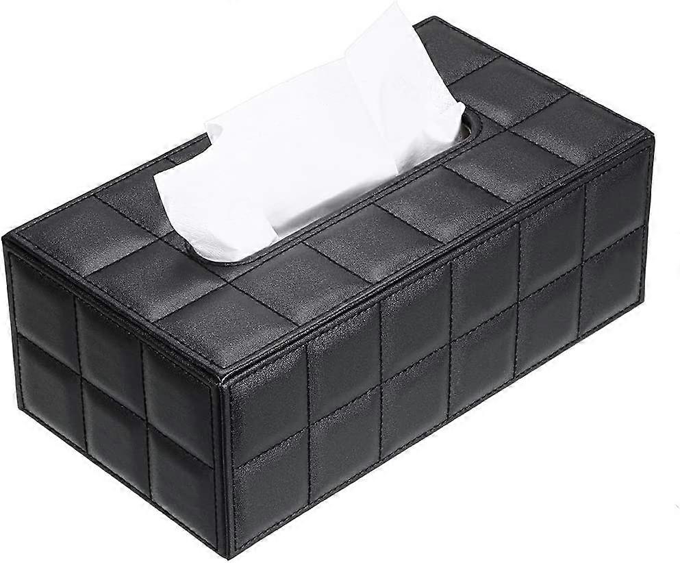 Tissue Box Holder, Leather PU, Magnetic Bottom, Black Grid