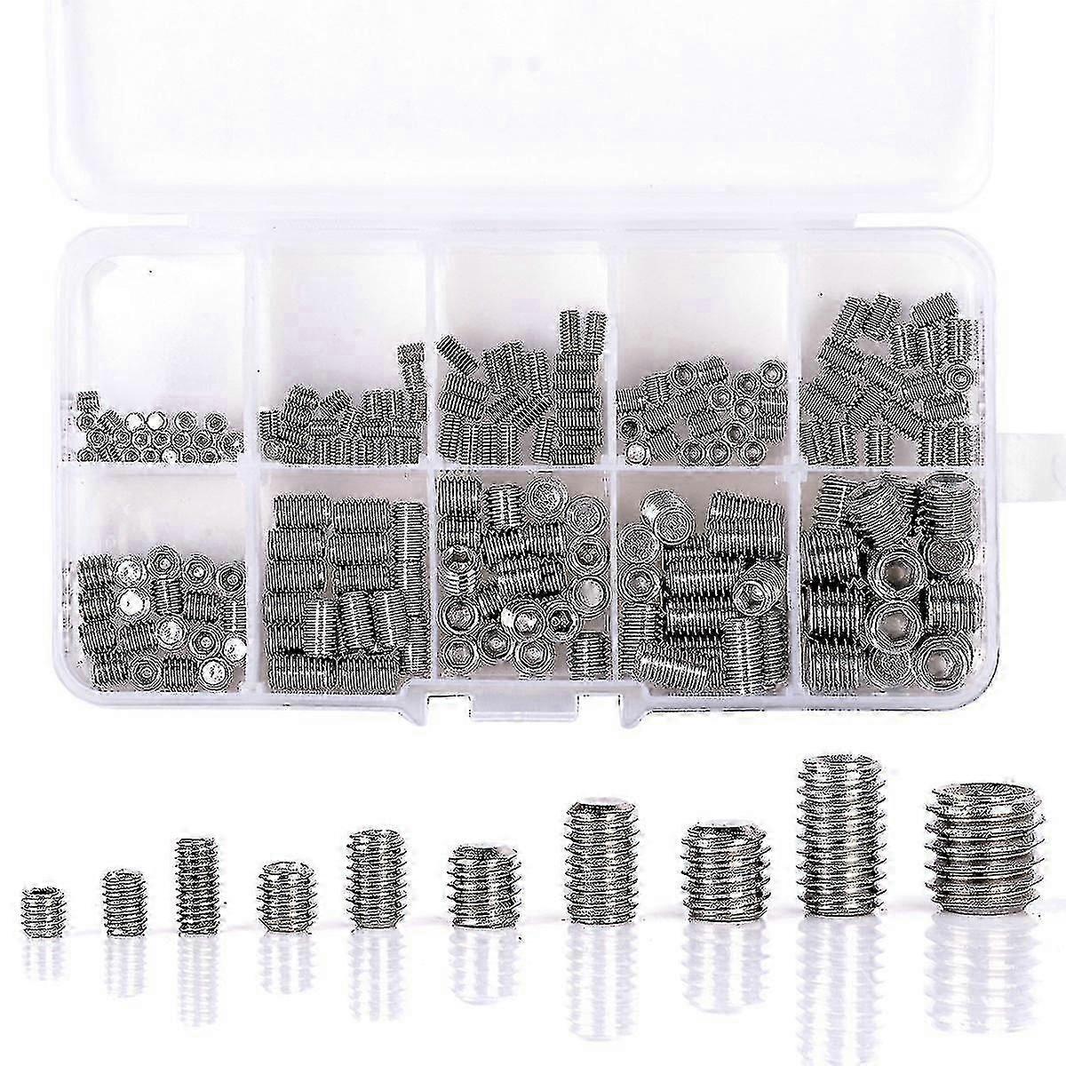 200 stk 304 Rustfritt stål Grub Skruer Hex Socket Skrue Sortiment Kit Sett M3 / M4 / M5 / M6 / M8