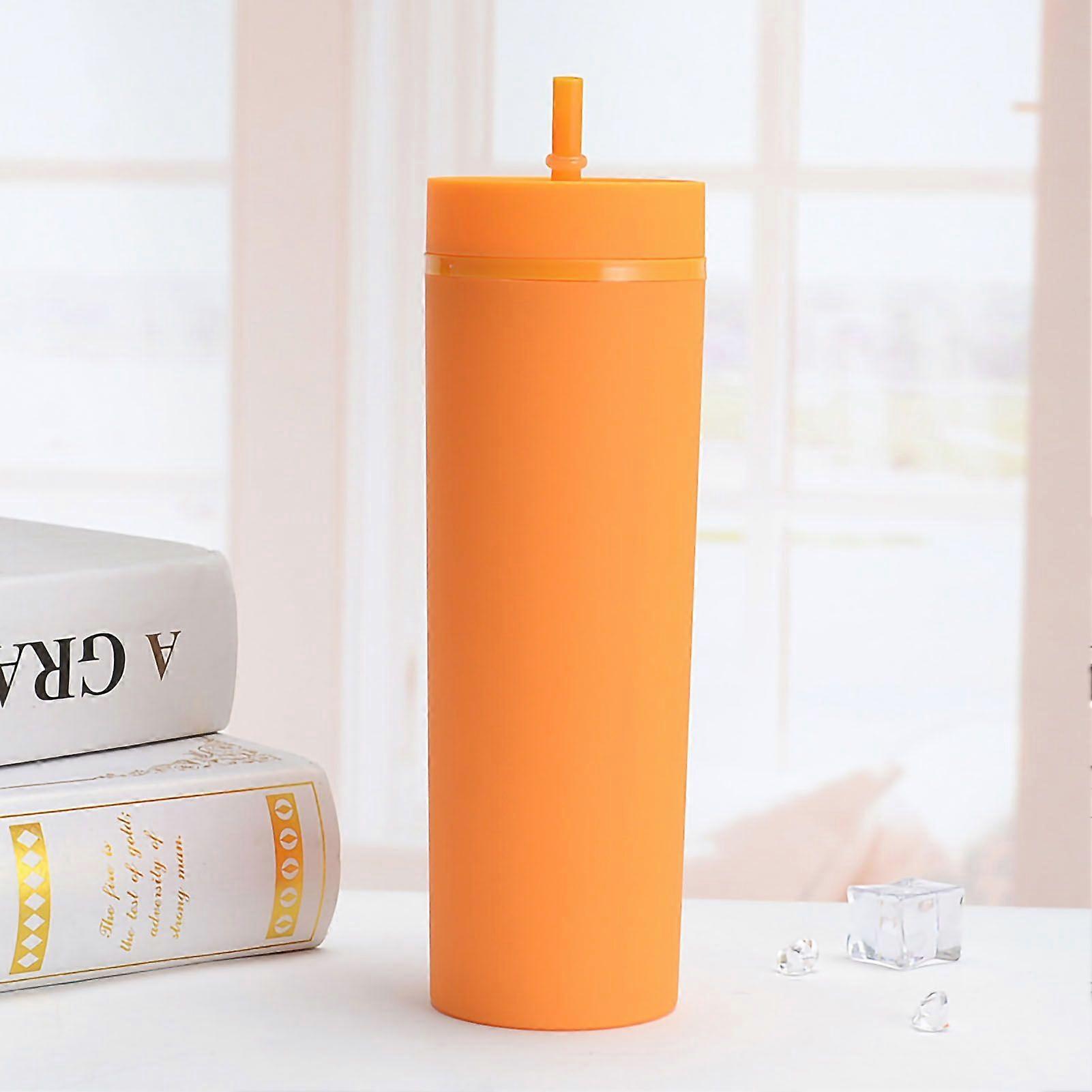 Straw Cup Colorful Plastic Simple Style Comfortable Hand Feeling Large Capacity Drinking Straw Bottle Orange 16oz