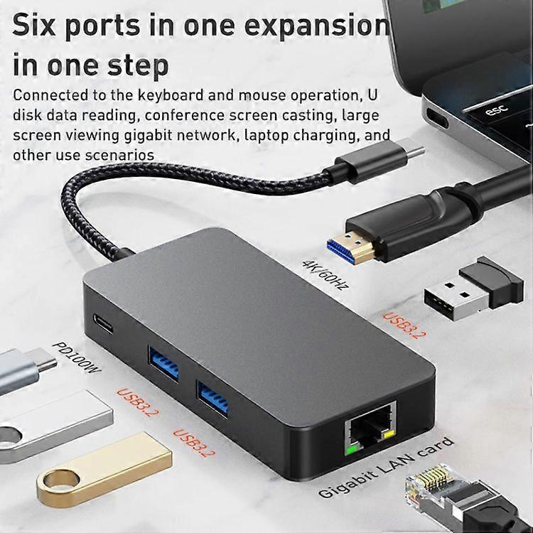ZRUXE HB-093 6-in-1 USB-C / Type C naar USB3.2 + Gigabit Internet + HDTV HUB-adapter