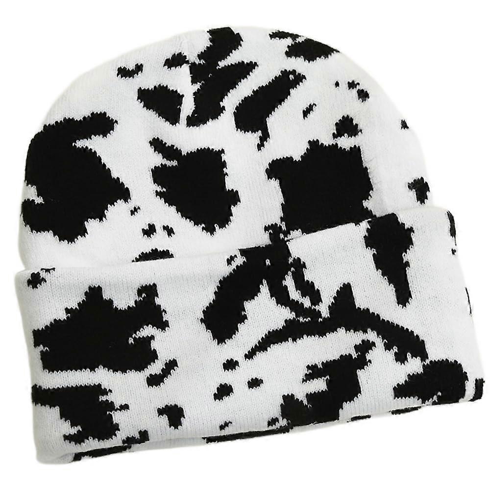 Cow Print Knit Beanie with Cuffed Design for Fall and Winter