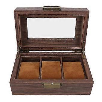 Caixa de relógio de madeira 3 slots dobradiças de metal natural vintage padrão vitrine para relógios marrom