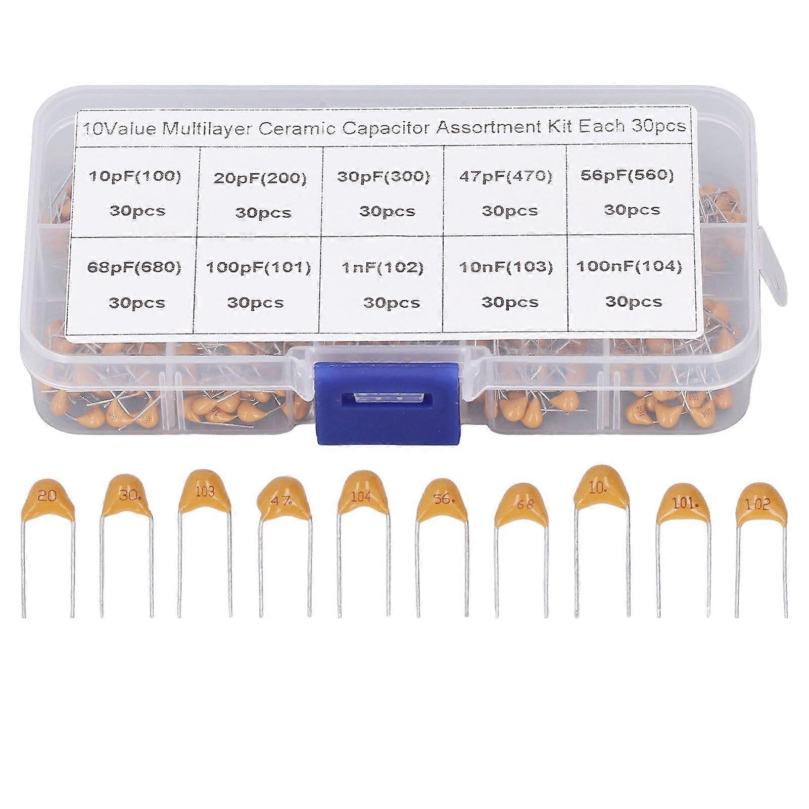 300PCS Monolithic Ceramic Capacitor Capacitance Stabilization Ceramic Chip Capacitor Assortment Kit 10PF to 100NF