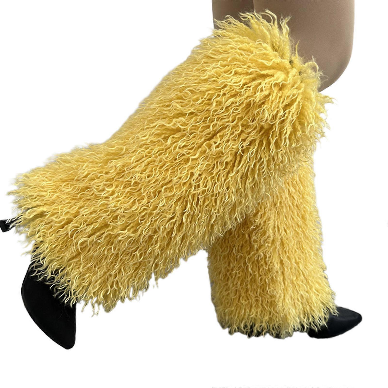 Y2K Fausses Fourrures Floues Jambières Fourrures Talons Bottes Longues Poignets Couverture Ceinture Une Paire Carnavals Couverture Bottes Y2K JK Uniforme Jaune