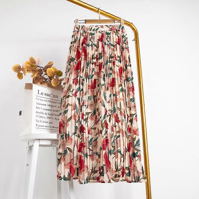 Spring And Summer High-Waist Retro Versatile Slim Printed Beach A-Line Medium-Length Chiffon Pleated Skirt