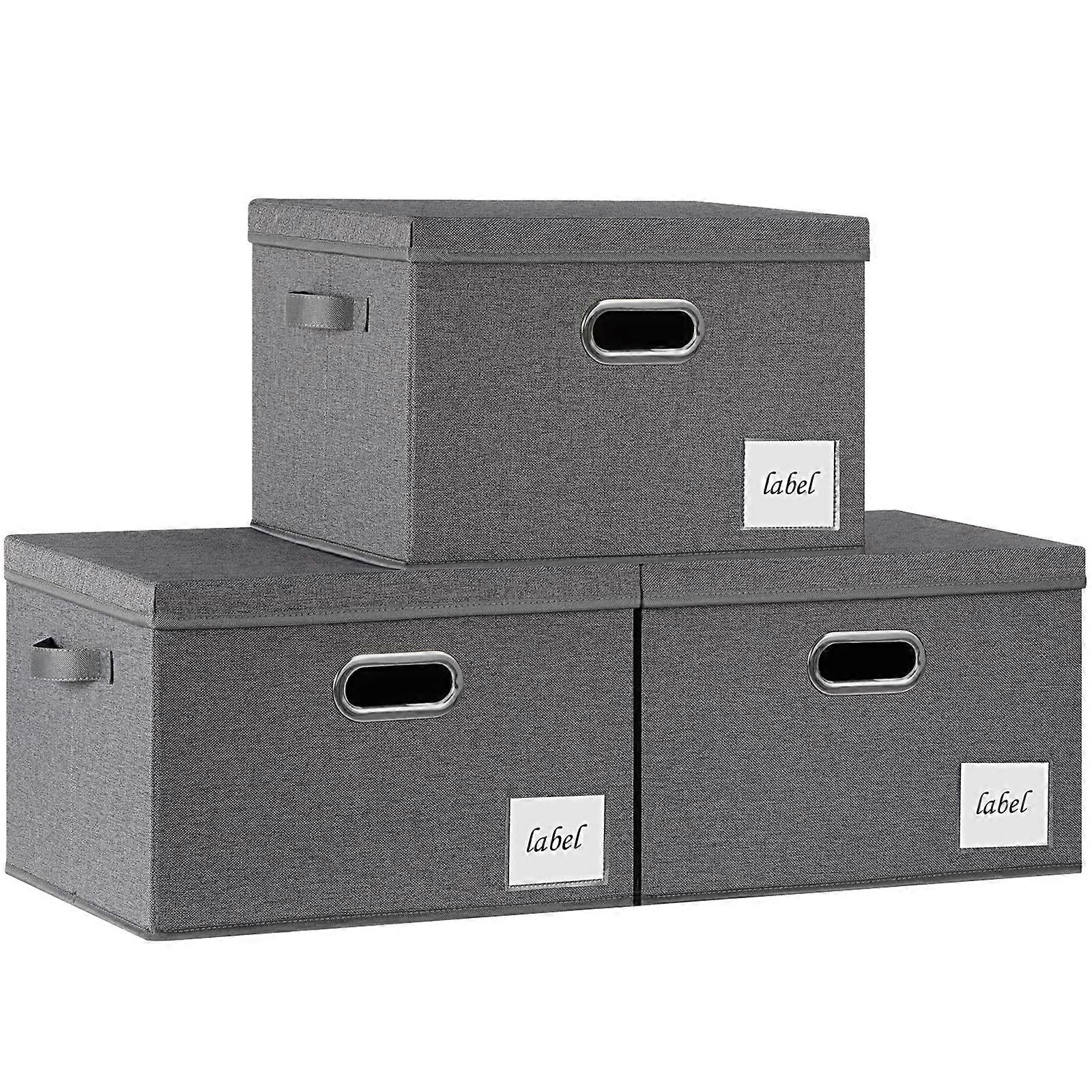 Large Storage Bins with Lids, Foldable Fabric Baskets, Sturdy Grey Storage Boxes with Labels and 3 Handles for Home Office Closet
