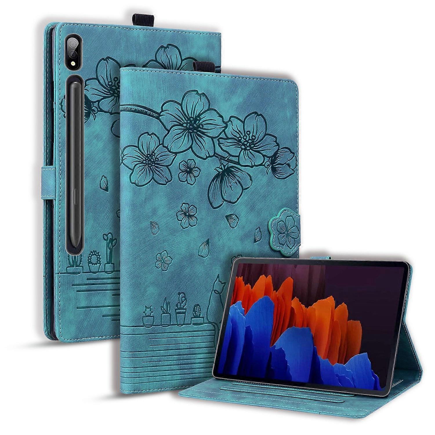 Cartoon Sakura Cat Embossed Smart Leather Tablet Case
