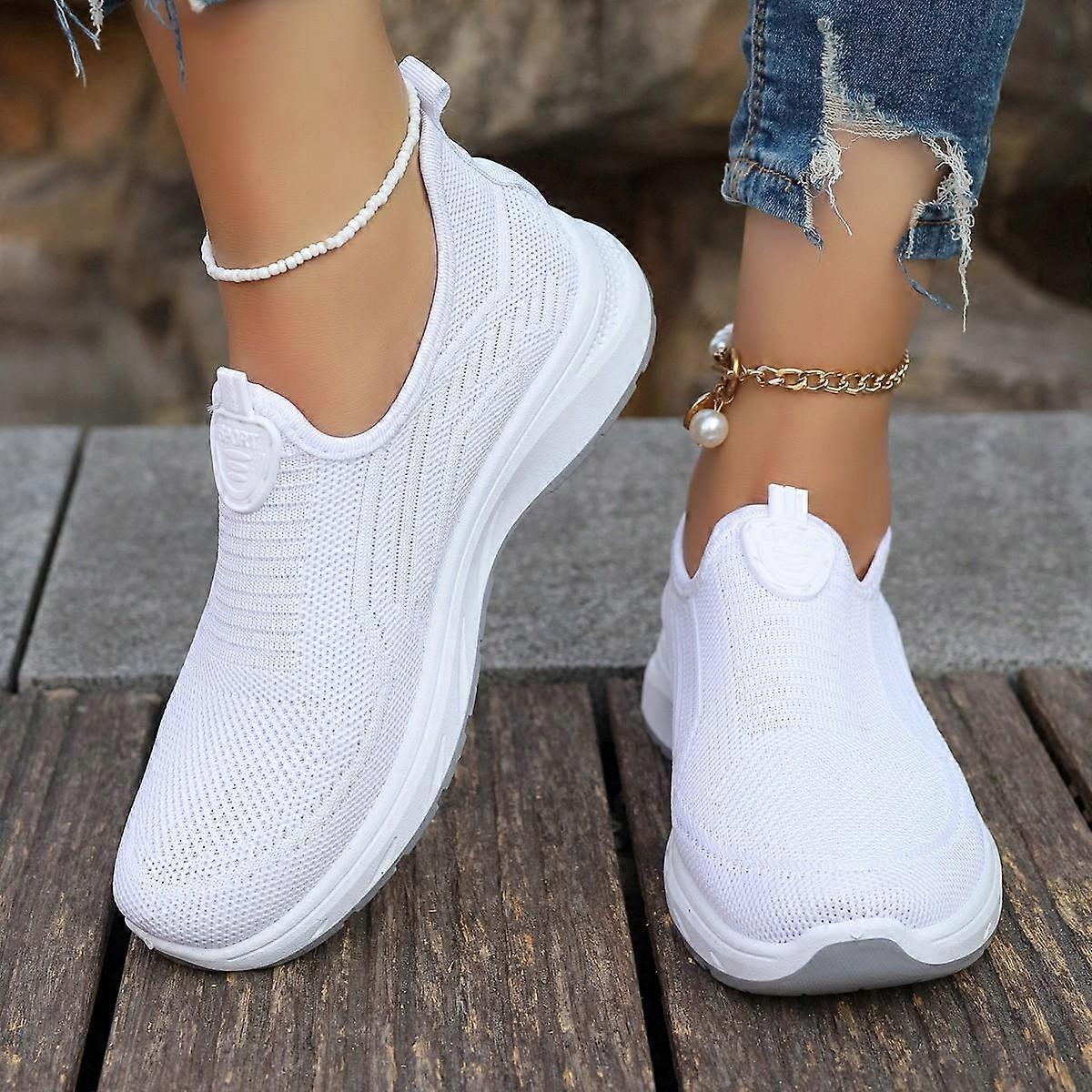Women's Breathable Flyknit Sneakers Comfortable Slip-On Walking Shoes Lightweight Casual Athletic Mesh Shoes