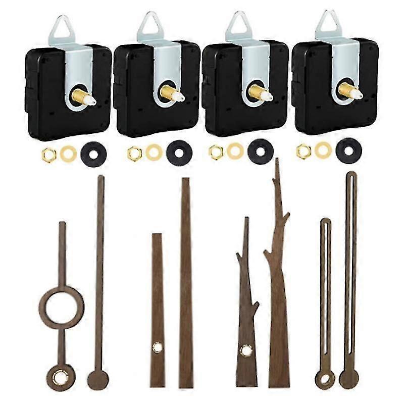 4Pcs Clock Movement Mechanism with Hooks and 4 Walnut Different Hands Clock Repair Parts Replacemen