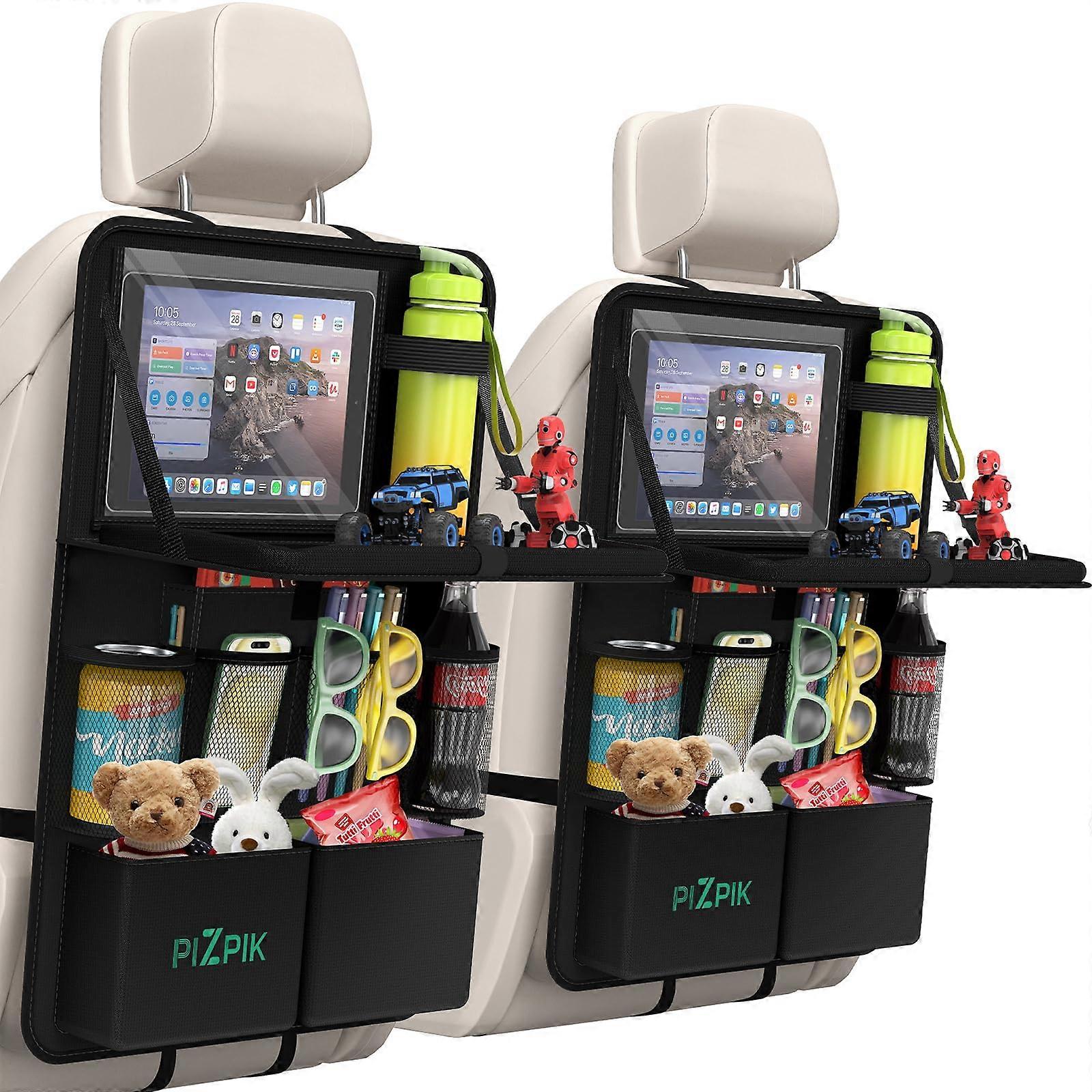 Car Backseat Organizer with Tablet Holder, 11 Storage Pockets, Foldable Food Tray and Kick Mats for Kids, Black, 1 Pack