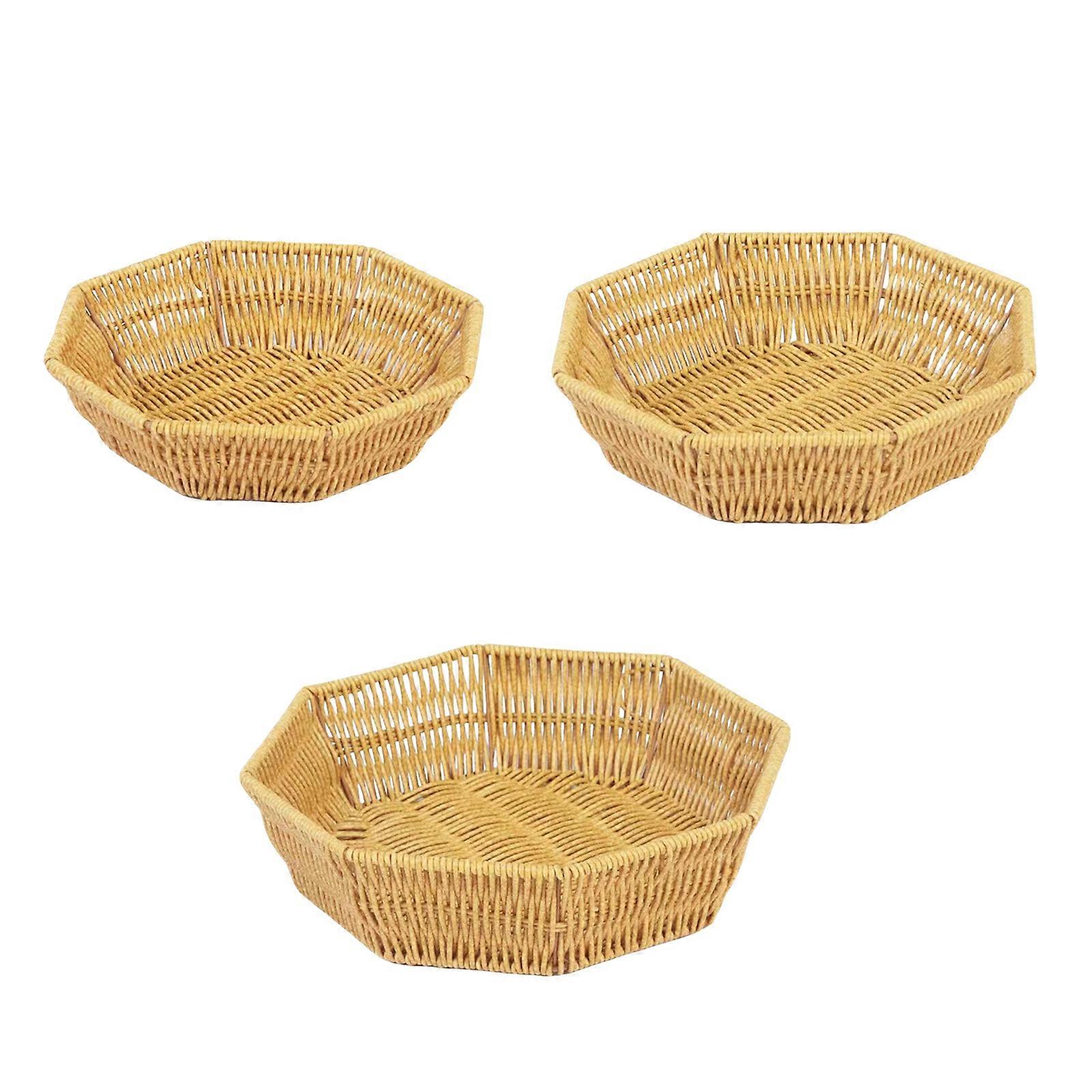 3pcs Elegant Octagonal Snacks Plate Imitation Rattan Woven Fruit Basket for Desktop Multipurpose Bread Serving Tray