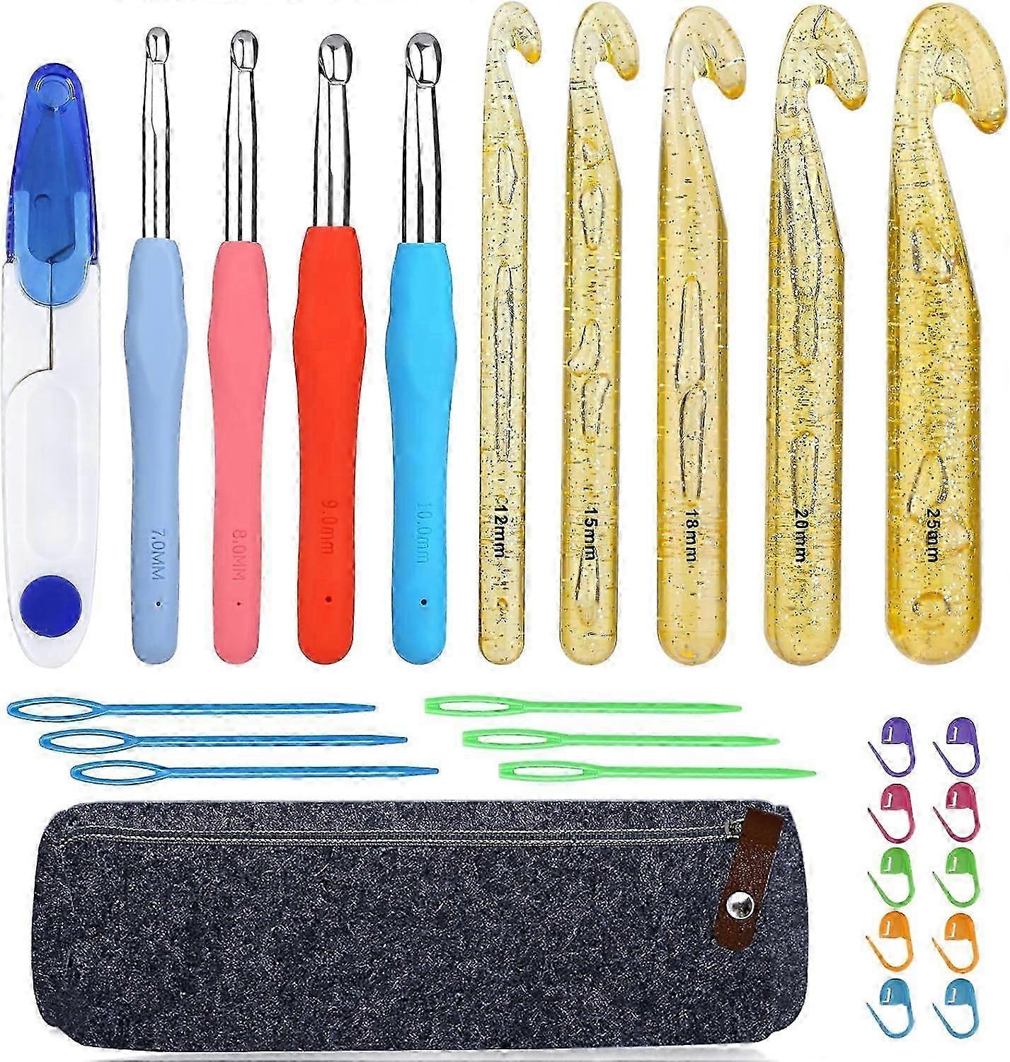 Crochet Hooks Set 5 Sizes Huge Crochet Needles and 4 Sizes Aluminum Crochet Hook Ergonomic Crochet Hooks for Giant Chunky Carpet Scarf Bulky Wool