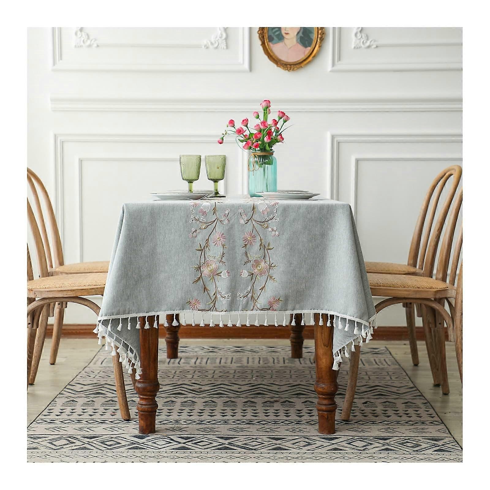 Polyester Square Tablecloth, 140 x 240 cm, Washable Tablecloth, Party, Flowers, Embroidery with Tassels, for Garden Table, Blue 140x240CM Blue