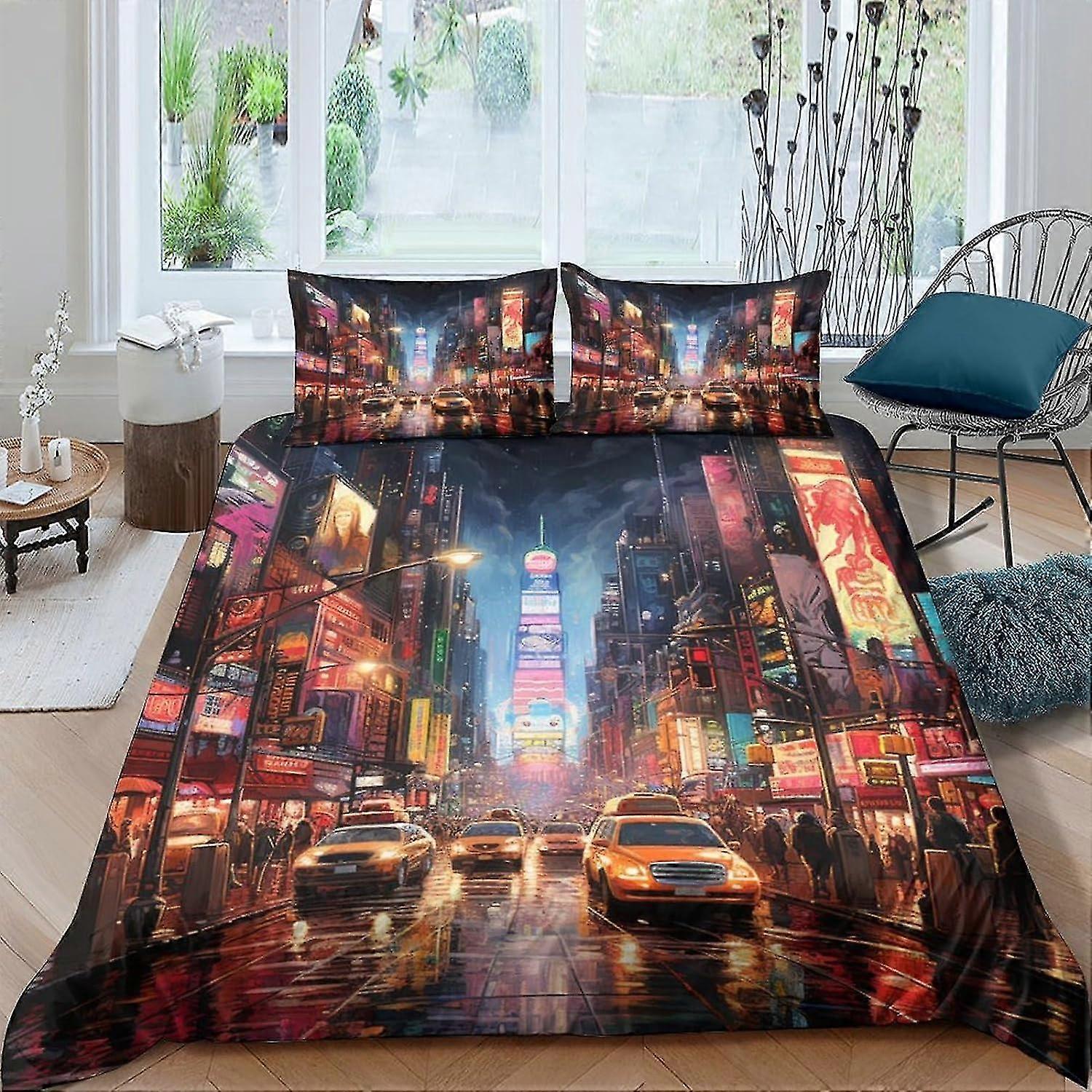 Conjunto de Capa de Edredom City Night Scene para Crianças, Adolescentes e Meninos com Travesseiro - Microfibra Macia 3 Peças Capa de Edredom