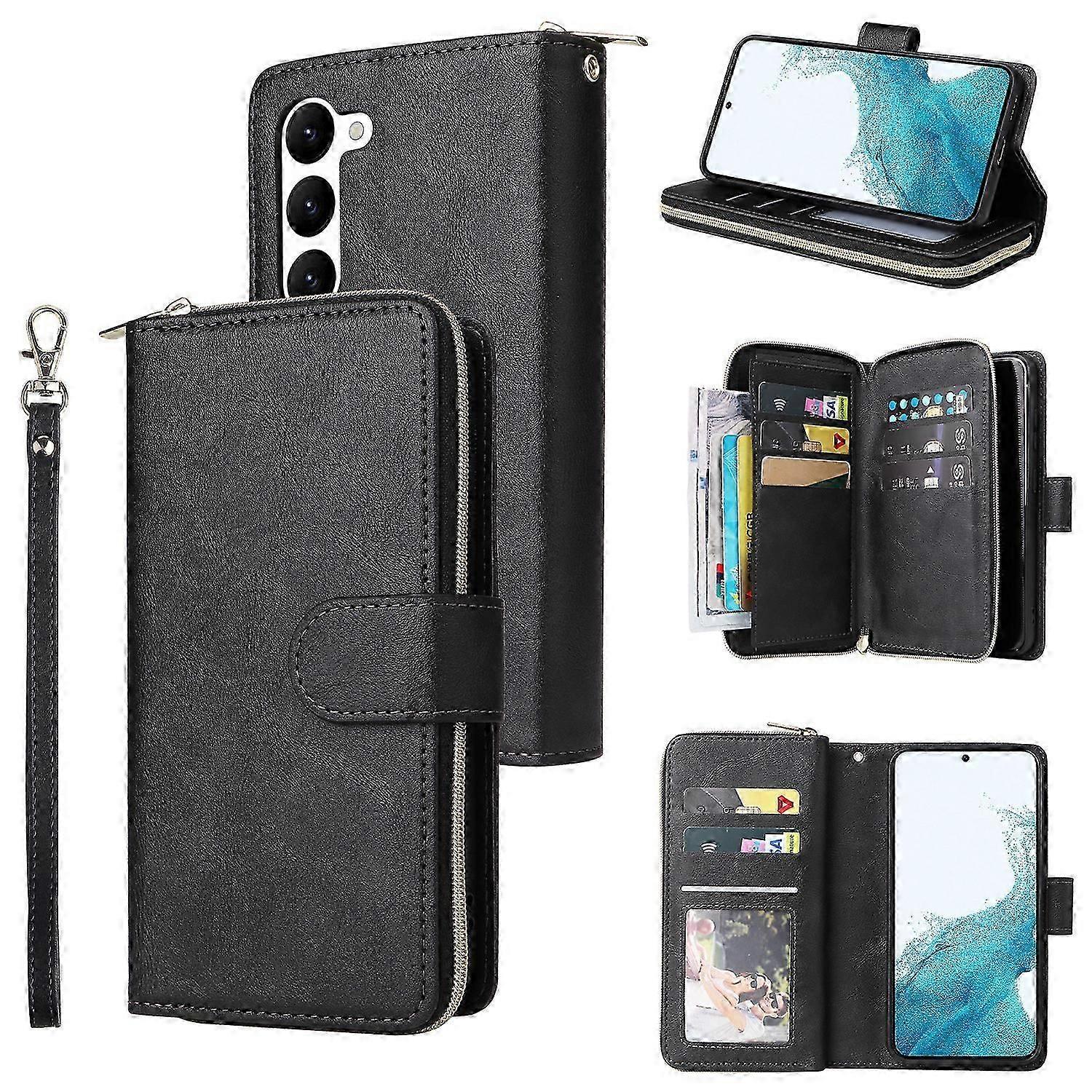 Wallet Case for Samsung Galaxy S24 Plus, Card Holder Slots Zipper Pocket Handbag Case Magnetic Closure Kickstand with Wrist Strap
