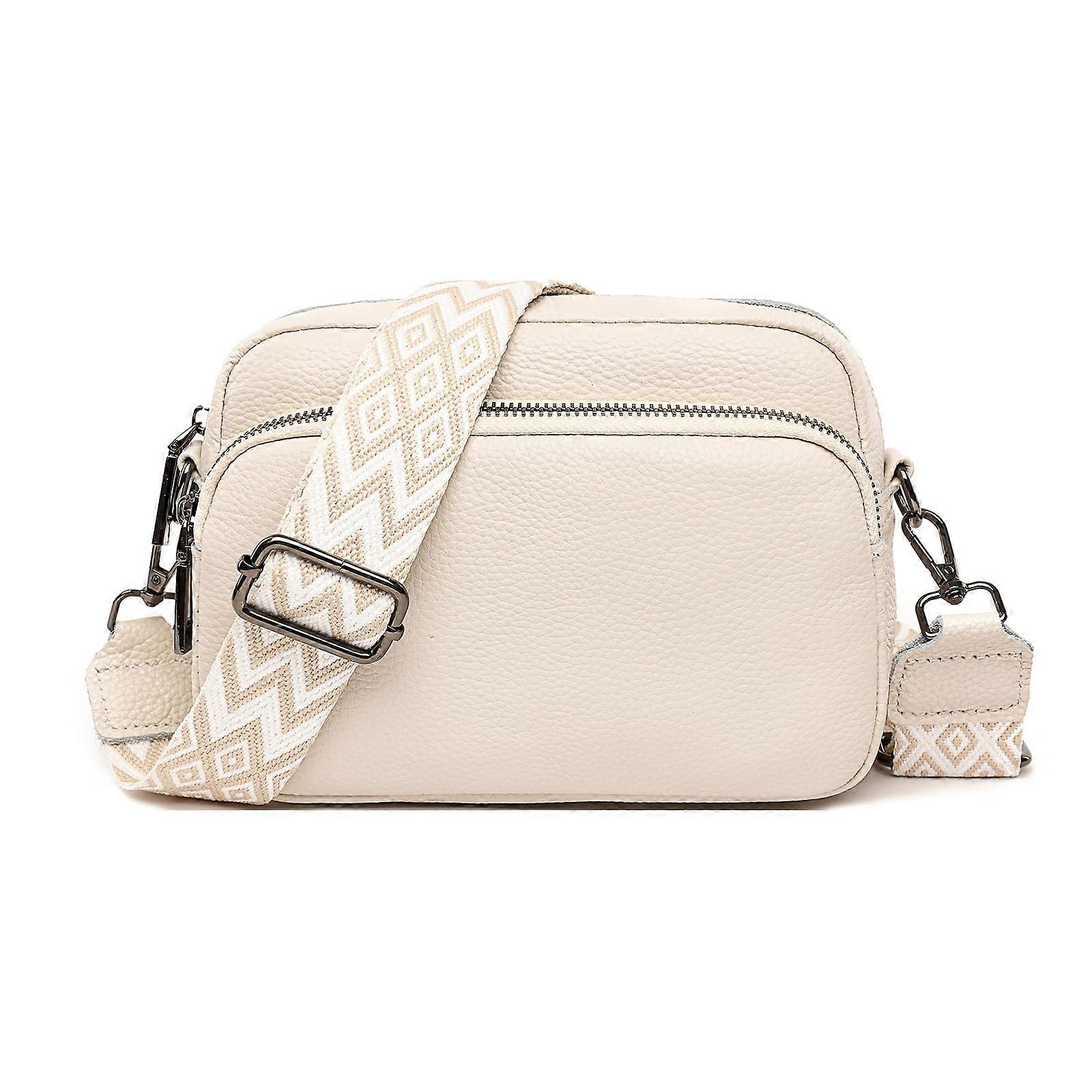 Women's Leather Crossbody Bag with Removable Shoulder Strap, 3 Compartments, Beige
