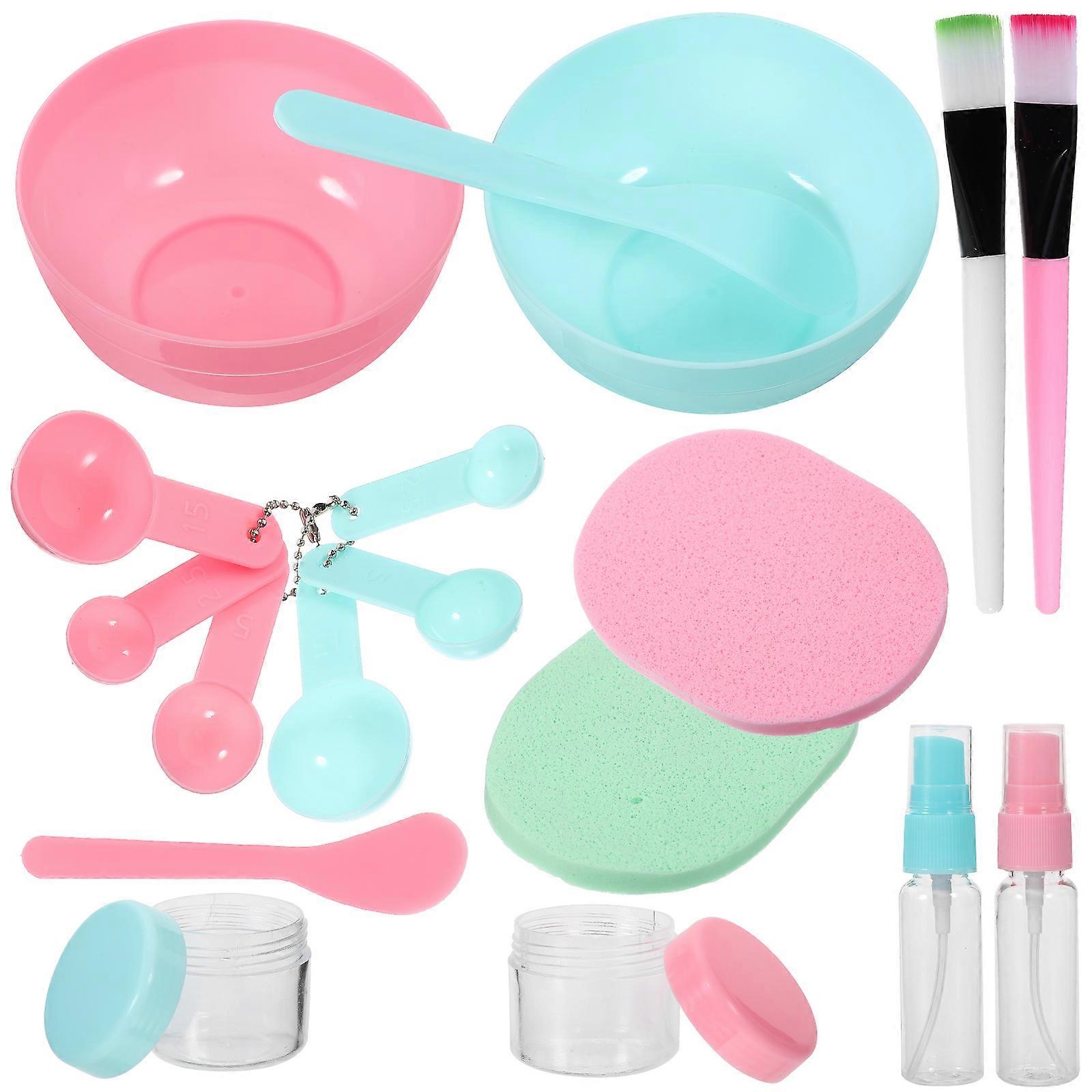 DIY Facial Mask Tool Set with Bowl Spoon Stick Measuring Cup for Mask Making in Green Color Plastic 18pcs