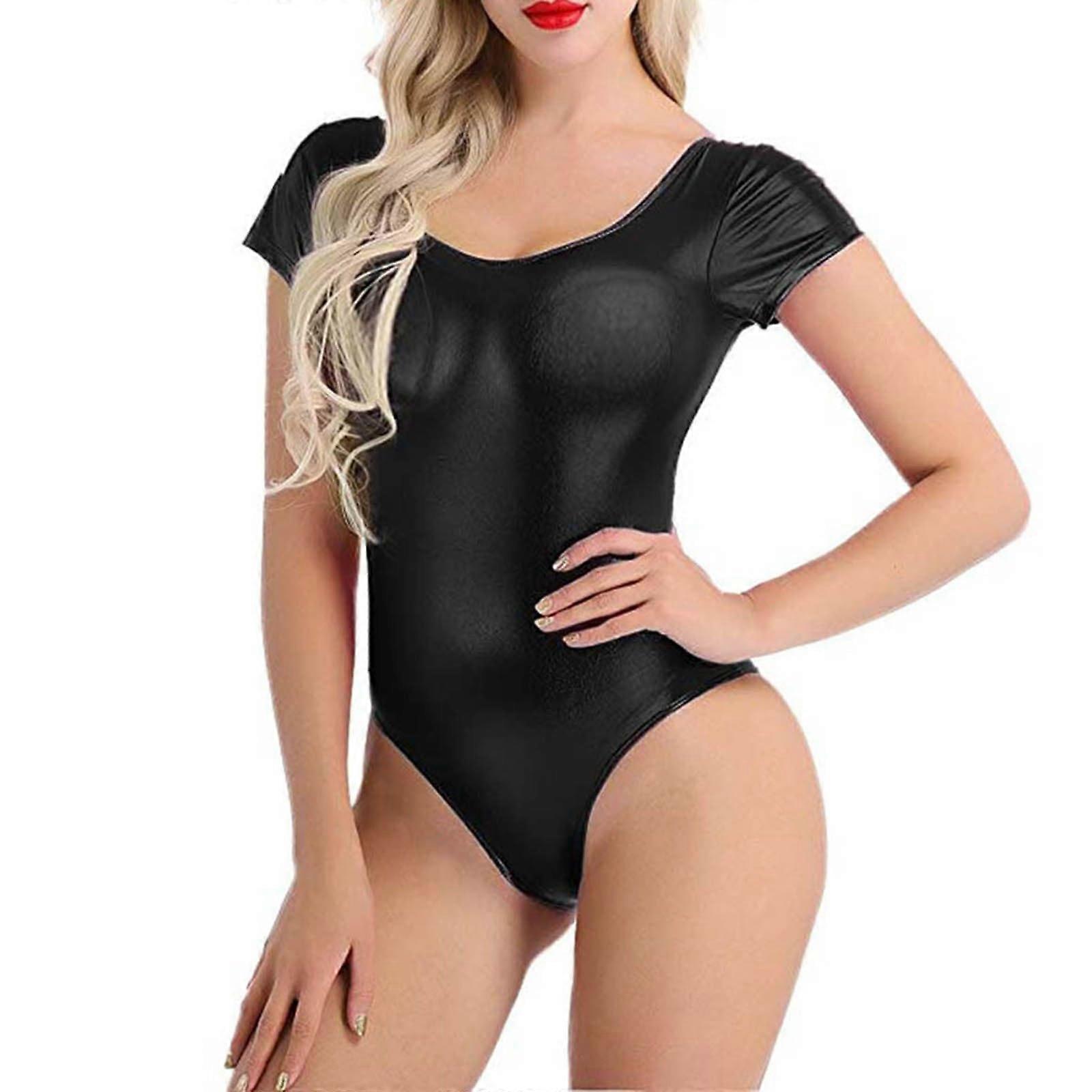 Women's Wetlook Body Lingerie Open String Jumpsuit 3XL Black
