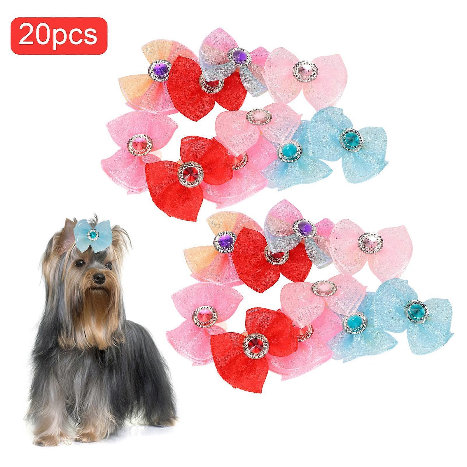 20pcs Multicolor Rhinestone Dog Bows with Rubber Bands Polyester