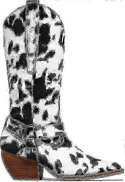 Cow Print Cowgirl Bottes Block Chunky Heel Mid Calf