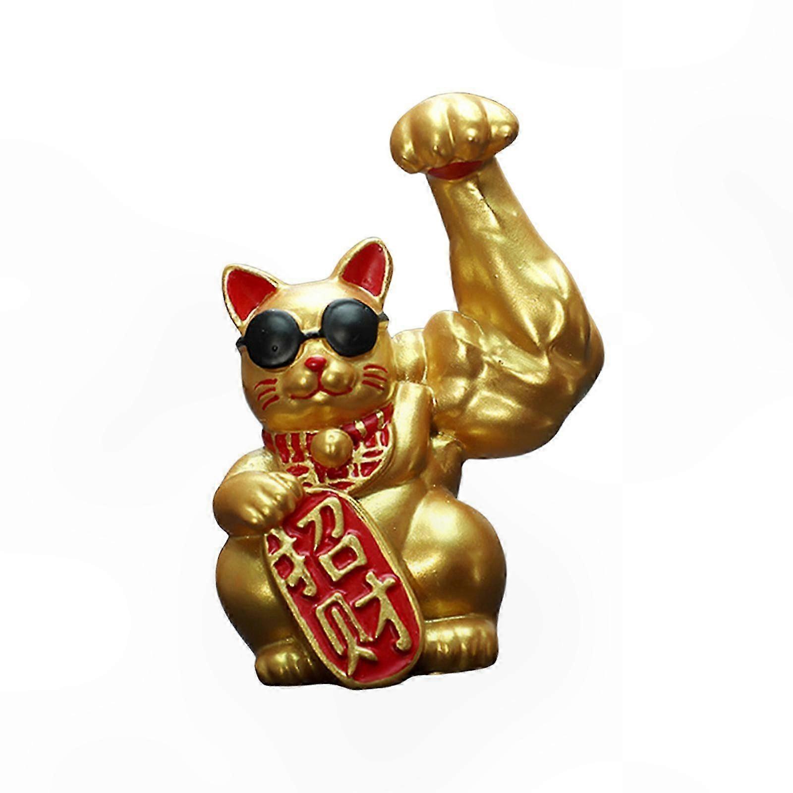 Resin Lucky Cat Figurine with Raised Right Arm for Feng Shui Shop or Desk Decor