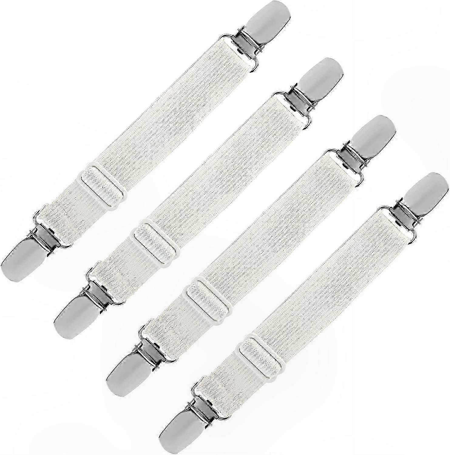 Adjustable Elastic Straps for Bed Sheets and Covers, Pack of 4 White Fasteners