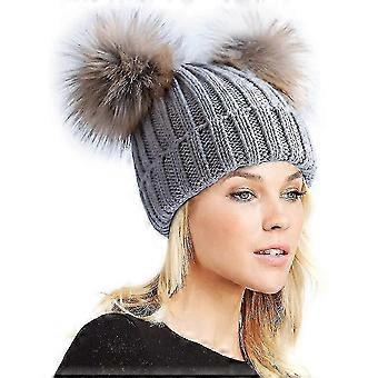 Kvinnors Vinter Dubbel Pom Pom Mössa Fleecefodrad Bobble Mössa Stickad Fuskpäls Pom Tw