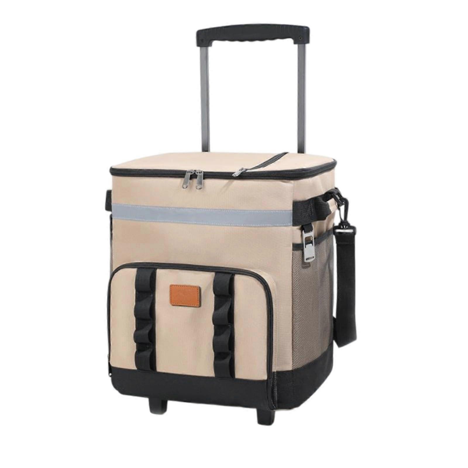 Insulated Rolling Coolers Bag With Retractable Handle And Wheels Khaki Outdoor Picnic Camping