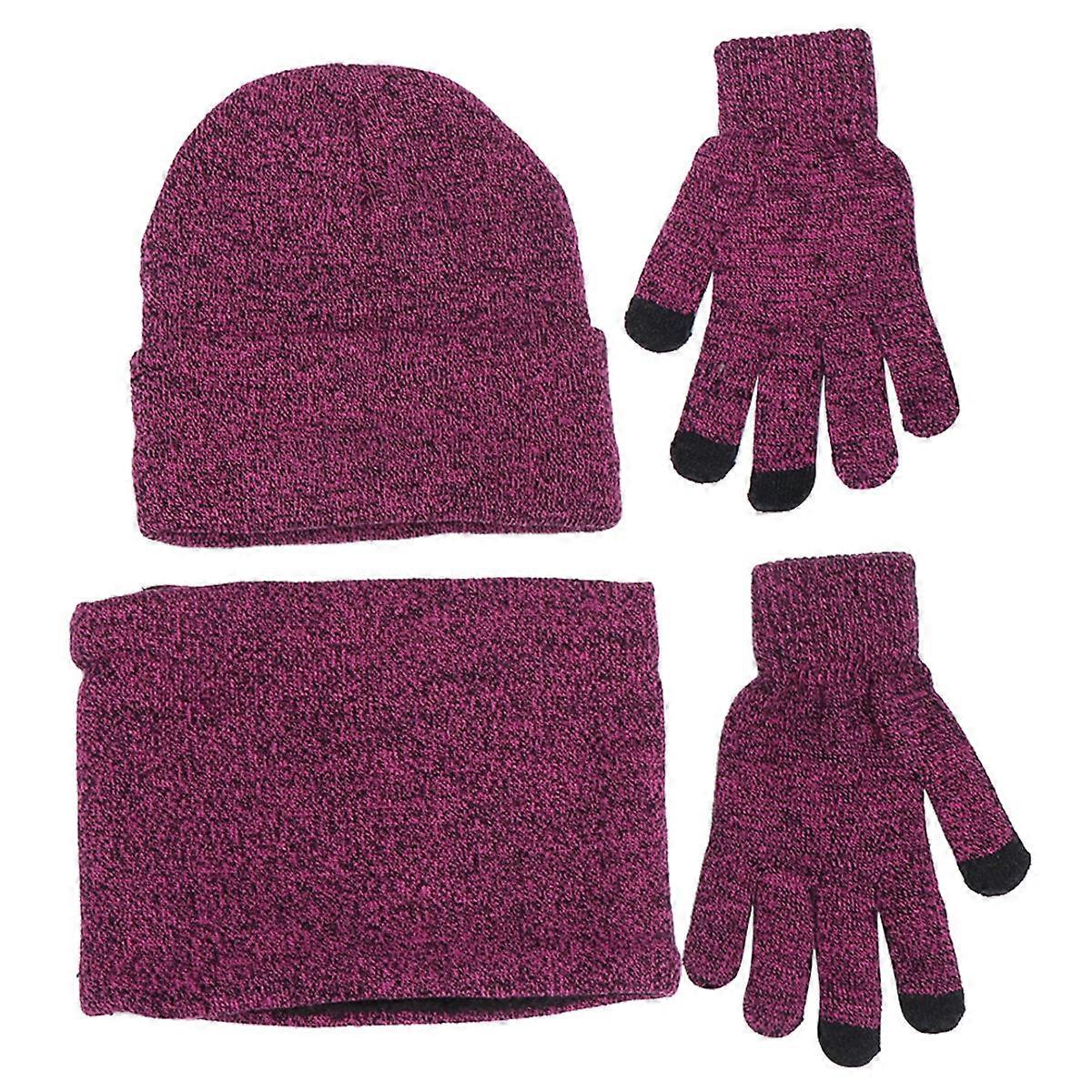 Windproof Wool Hat Women Set for Winter 3Pcs Neck Scraf Gloves