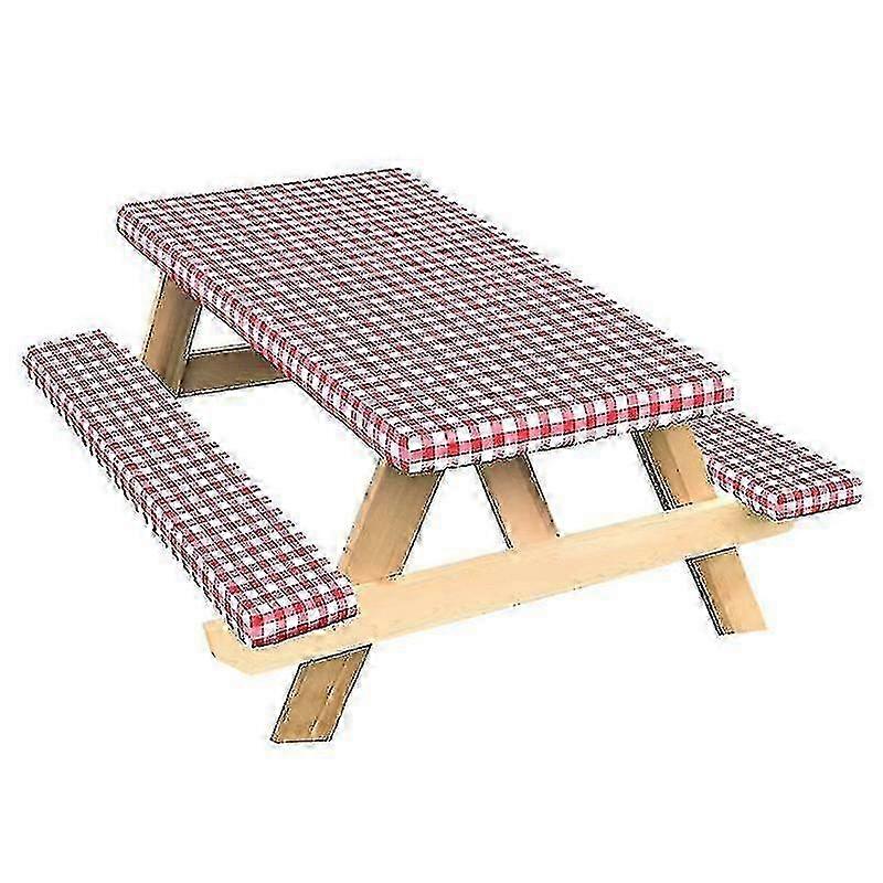 3 Pcs Fitted Picnic Table Cover And Bench Cover Set, Tablecloth , Red And Ered