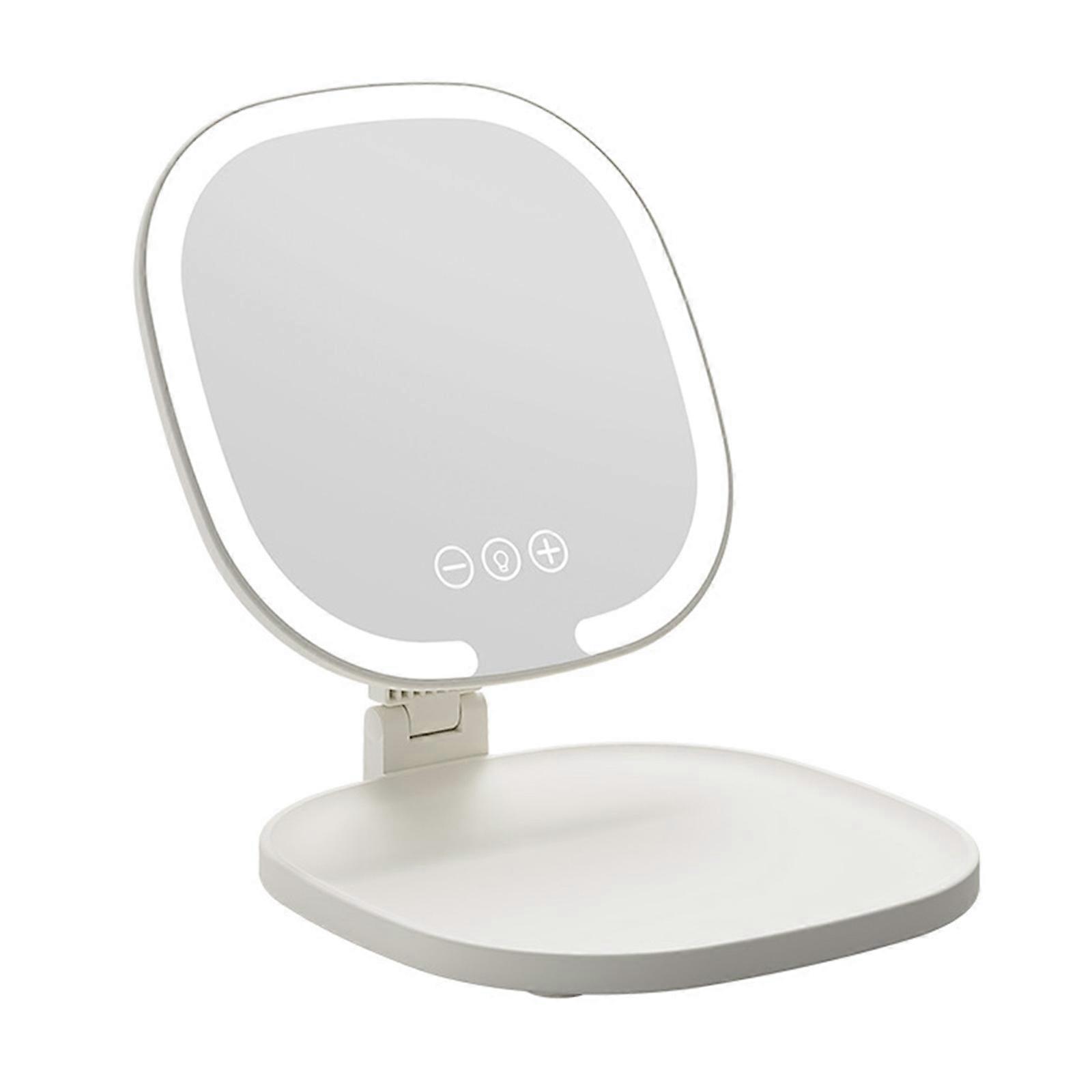 Travel Friendly Foldable Vanitys Mirror With Energy Saving LED Lights And Angled Adjustable Mechanism  Pearl White