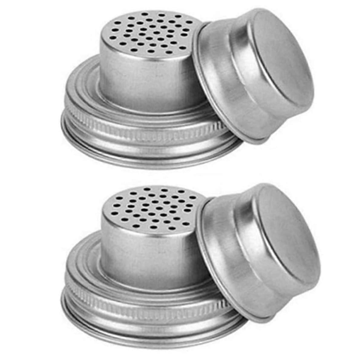 Stainless Steel Jar Shaker Lids With Silicone Seals For Dredge Flour, Spices And Regular Mouth Jars Set Of 2