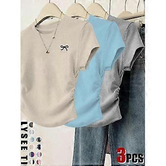 Dame T-shirt med katte-/sløjfeprint, afslappet T-shirt med korte ærmer og rund hals til hverdagsbrug, dametøj til alle årstider, afslappet chic og minimalistisk
