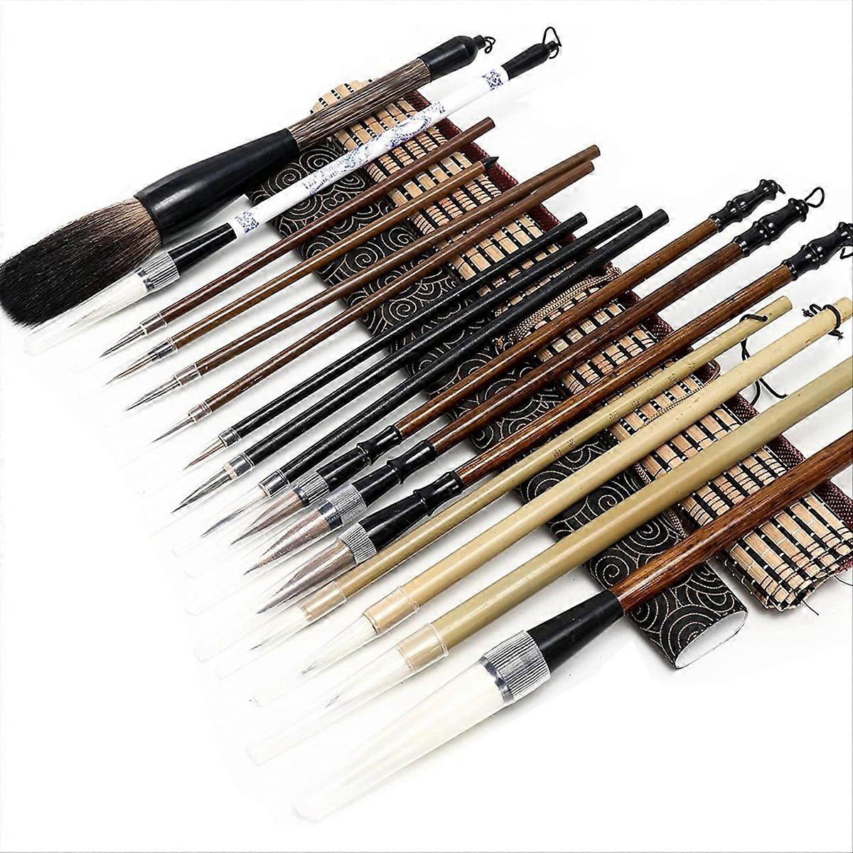 Chinese Calligraphy Brushes Set with Writing Paper Roll-up Holder