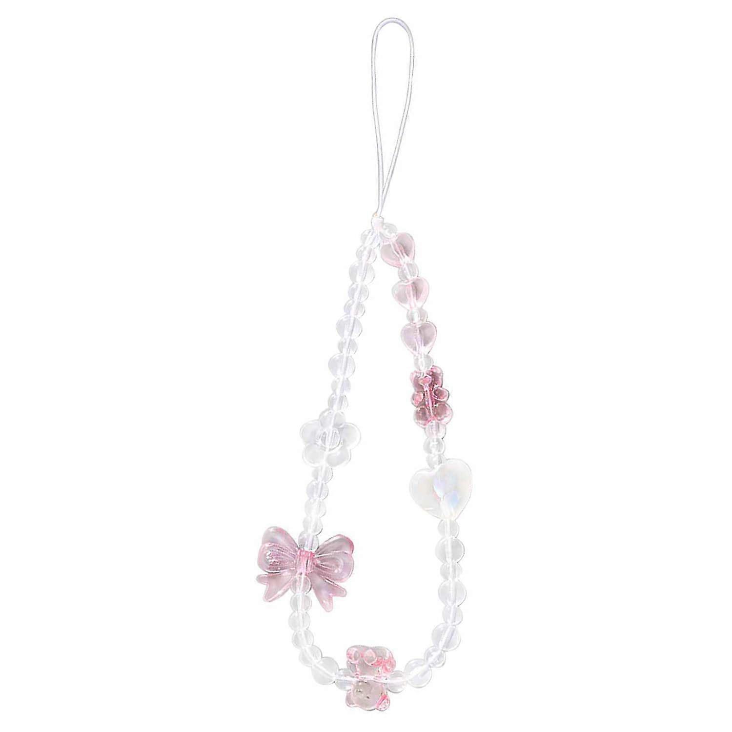 Pink Beaded Phone Charm Strap with Butterfly and Heart, Kawaii AntiLoss Wrist Lanyard
