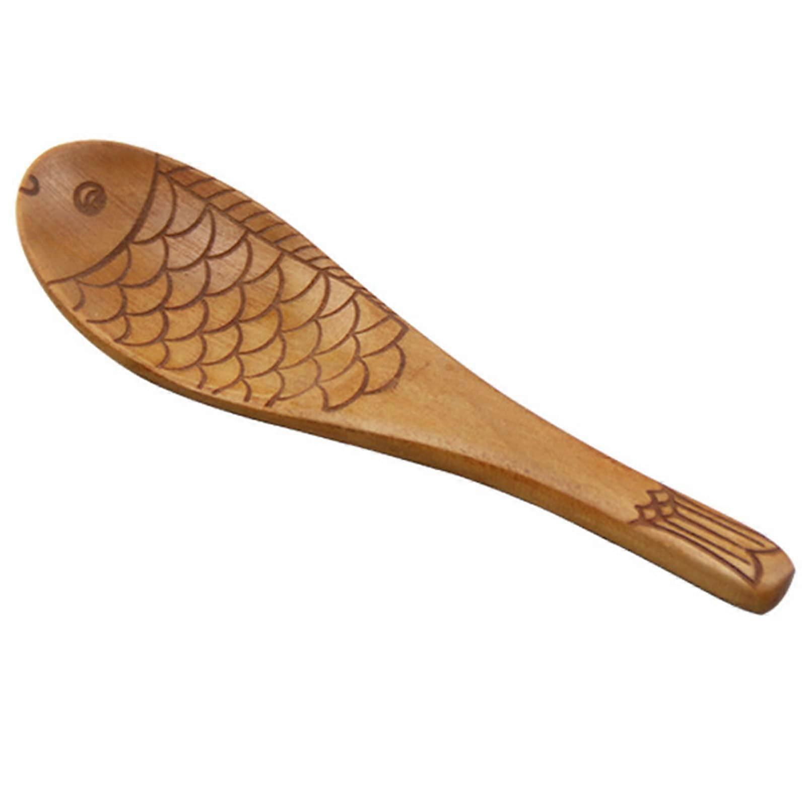 Japanese Wooden Rice Paddle Fish Shaped Hand Carved Spoon NonStick Surface Ergonomic Grip