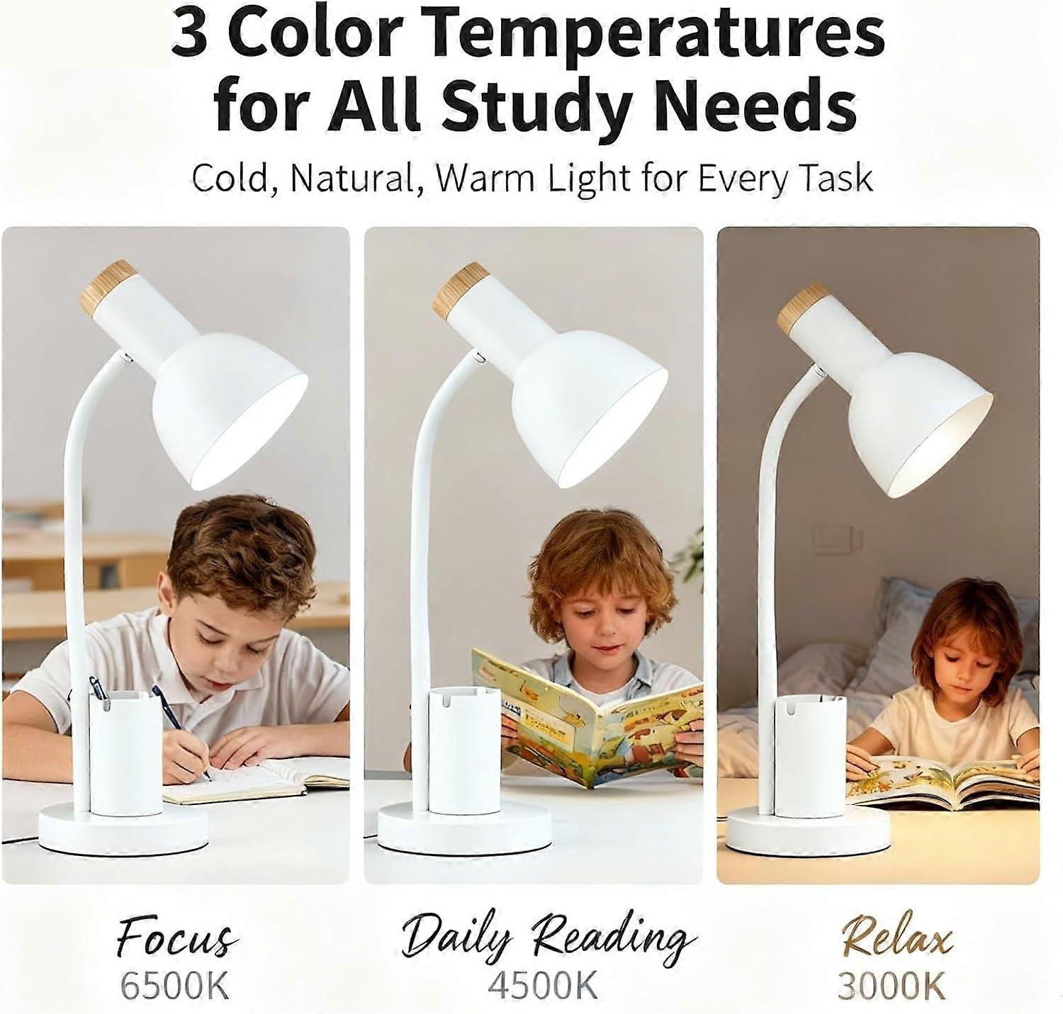 LED Desk Lamp with Pen Holder and Phone Stand, 3 Color Modes, EyeCaring Flexible Gooseneck for Home Office Study