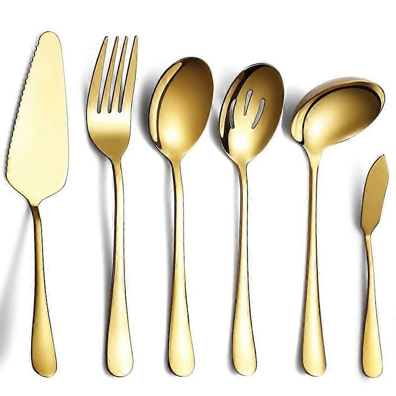 6-Piece Serving Flatware Silverware Set, Serving Utensil Set,Include Cake Server, Slotted Serving Spoon Gold
