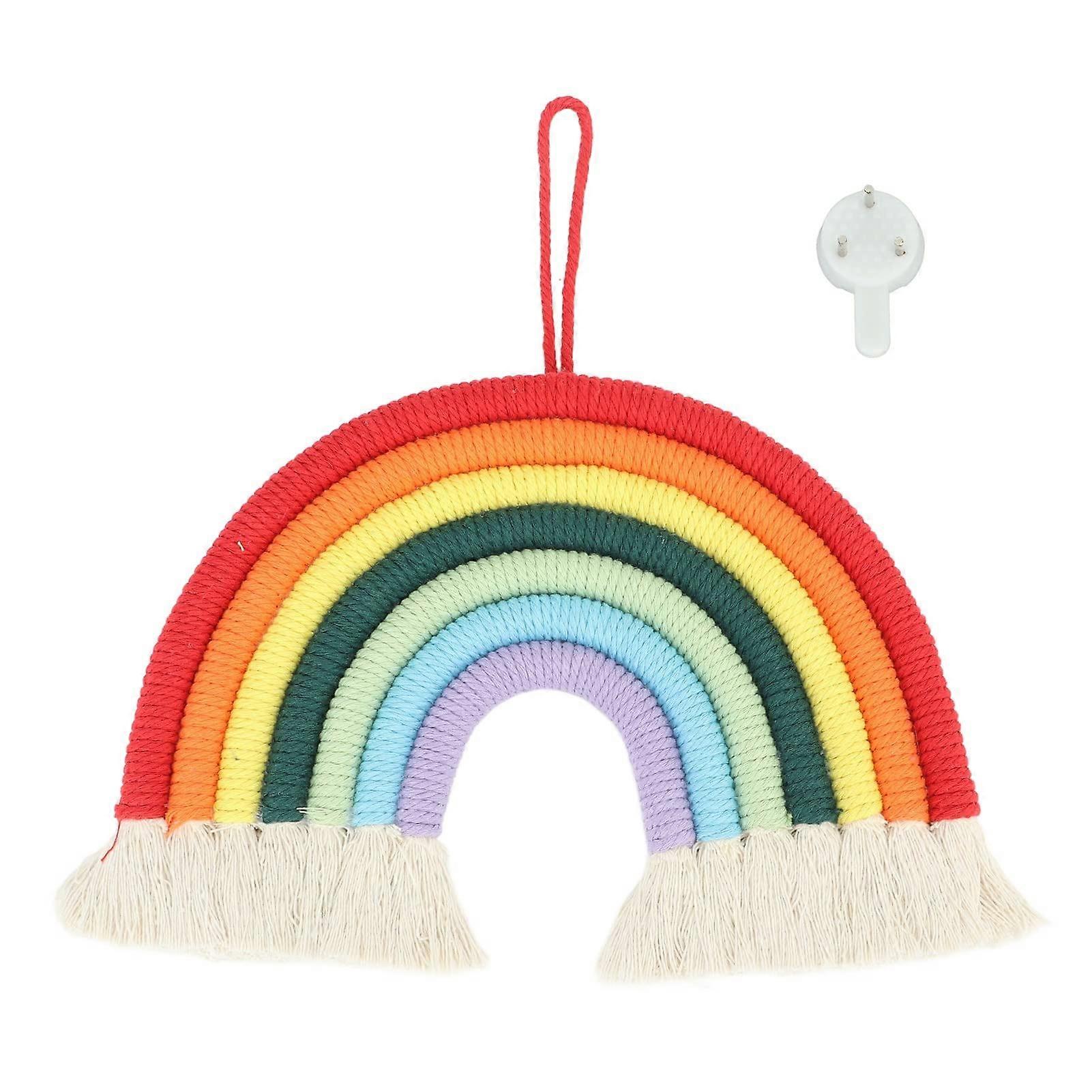 Handmade Rainbow Macrame Wall Hanging with 7 Color Cotton Rope Boho Decor for Nursery and Home